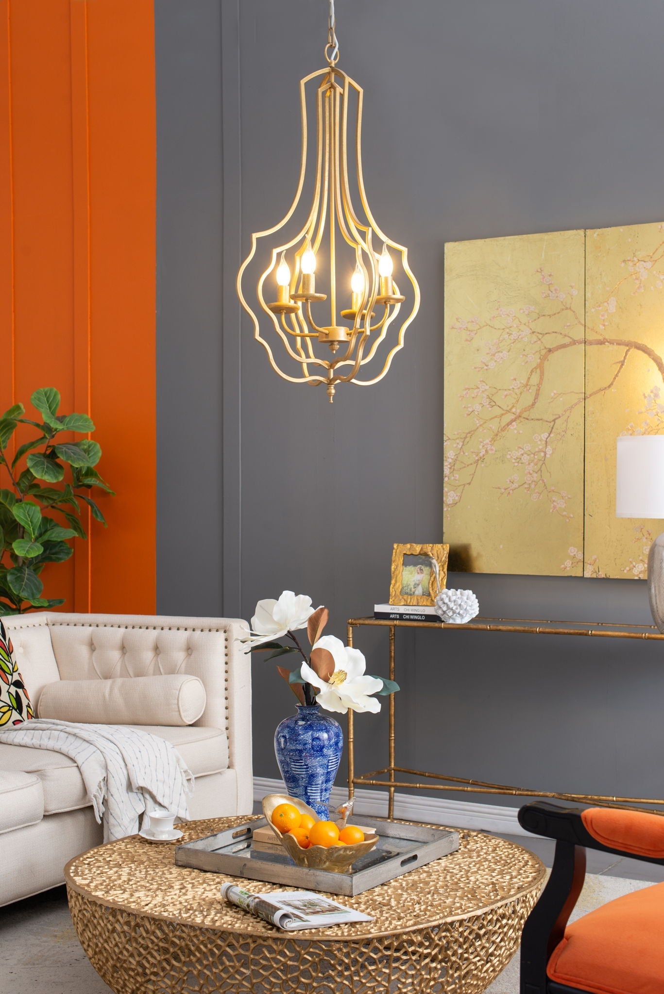 4 Light Chandelier, Hanging Light Fixture With Adjustable Chain For Kitchen, Bulb Not Included - Gold