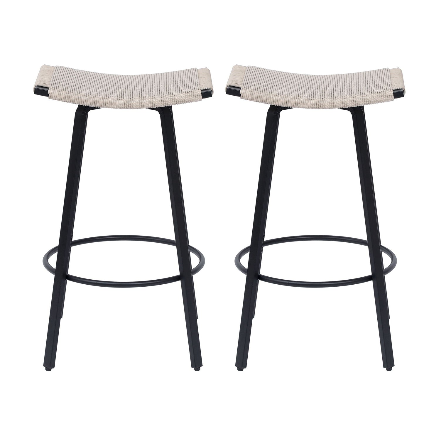 Counter Height Bar Stools Backless Handwoven Kitchen Dining Chairs With Round Footrest (Set of 2) Weaving Pub Stoo - Creamy White