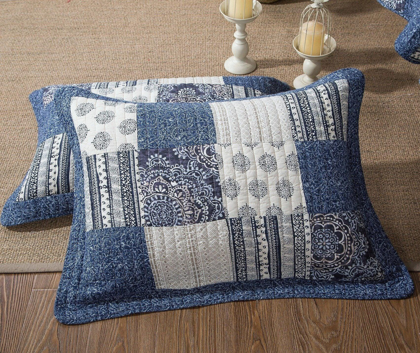 DaDa Bedding Bohemian Denim Blue Elegance Patchwork Cotton Bedspread Set (JHW-660)