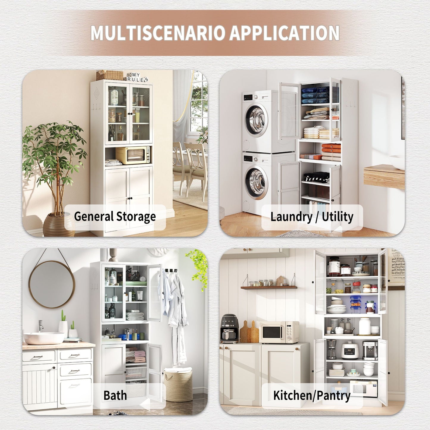 Kitchen Pantry Cabinet Tall Storage With Adjustable Shelves, Heavy Duty Stainless Steel Frame - White