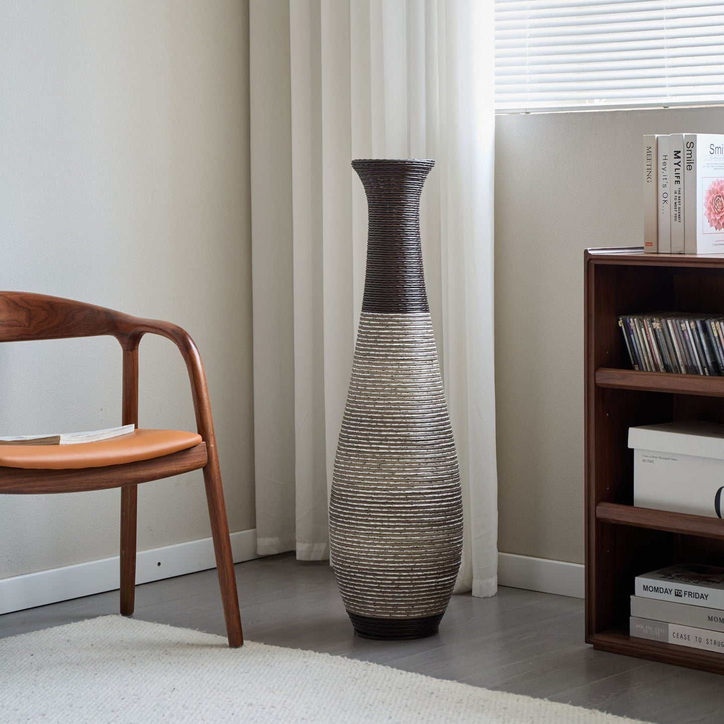 Tall Standing Designer Floor Vase Durable Artificial Rattan Elegant 2 Tone Finish Ideal Decor Accent For Living Room, Bedroom, Entryway Stylish Home Decor Statement Piece - Black / Gray