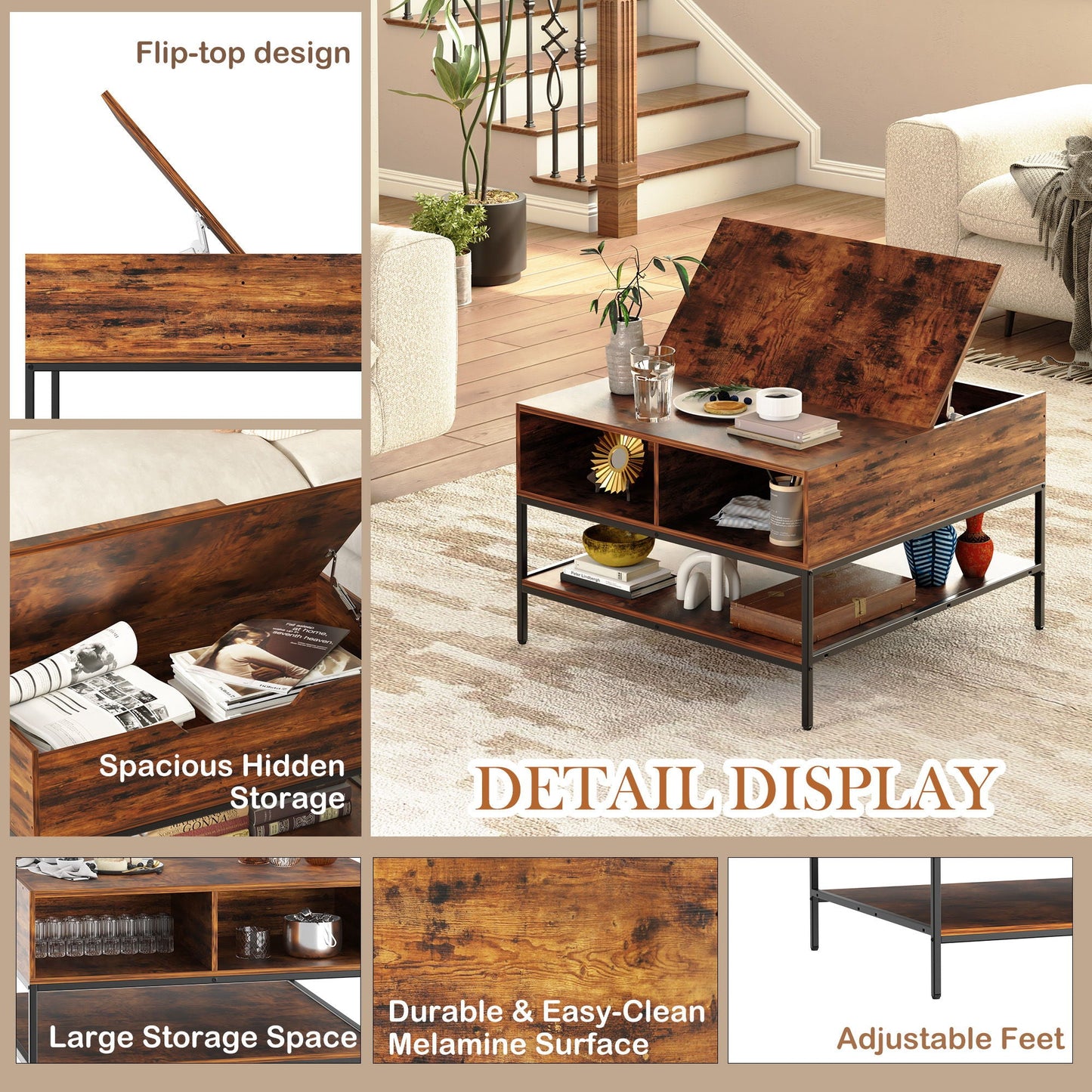Rustic Flip Top Coffee Table With Hidden Storage - Black / Brown