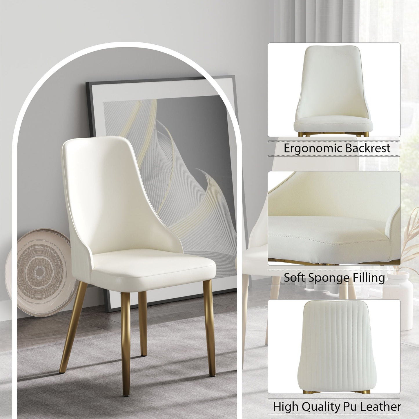 Modern Sponge-Filled Dining Chair, Solid Wood Metal Legs, Suitable For Restaurants, Living Rooms And Rooms (Set of 2) - White
