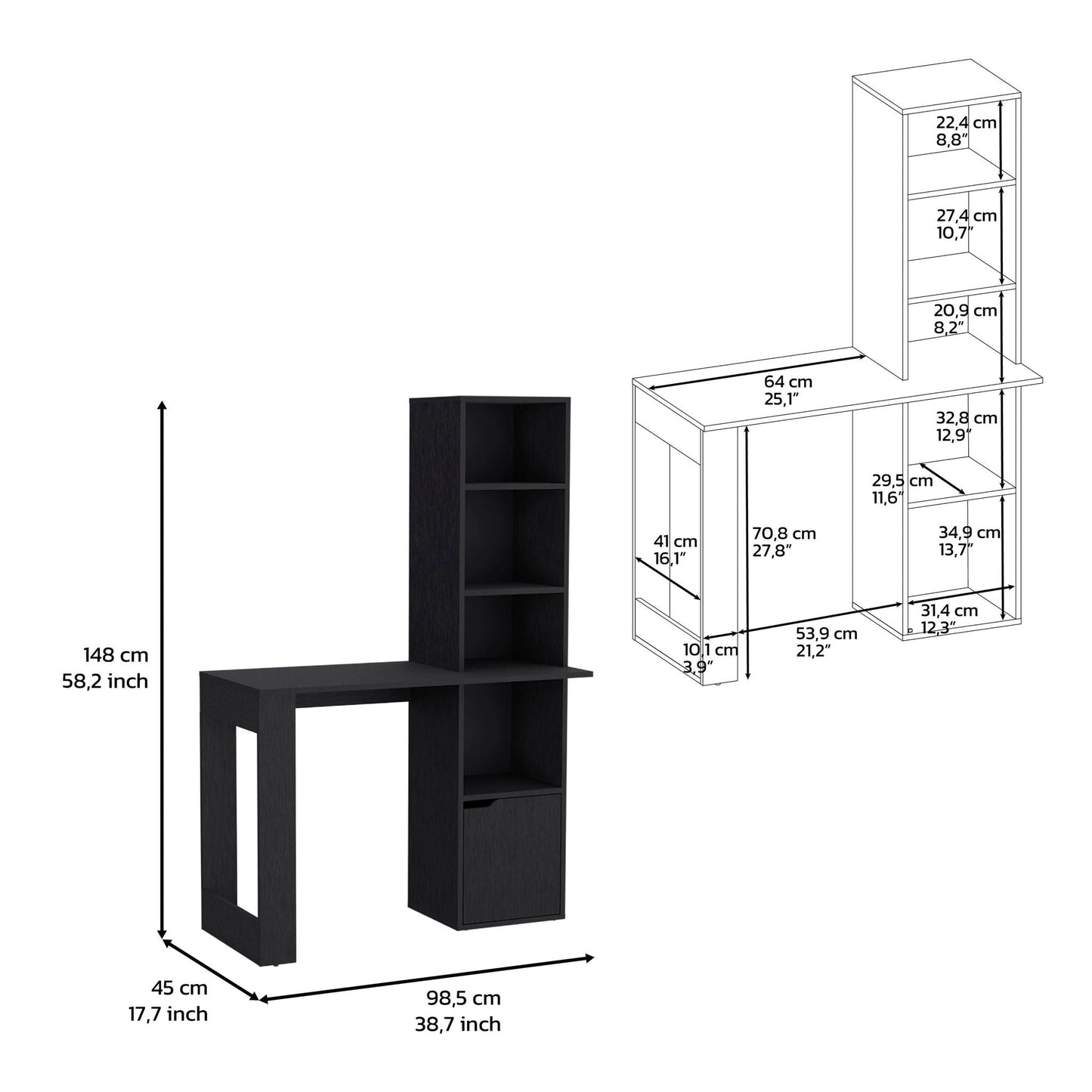 Writing Desk With Bookcase And Cabinet - Black