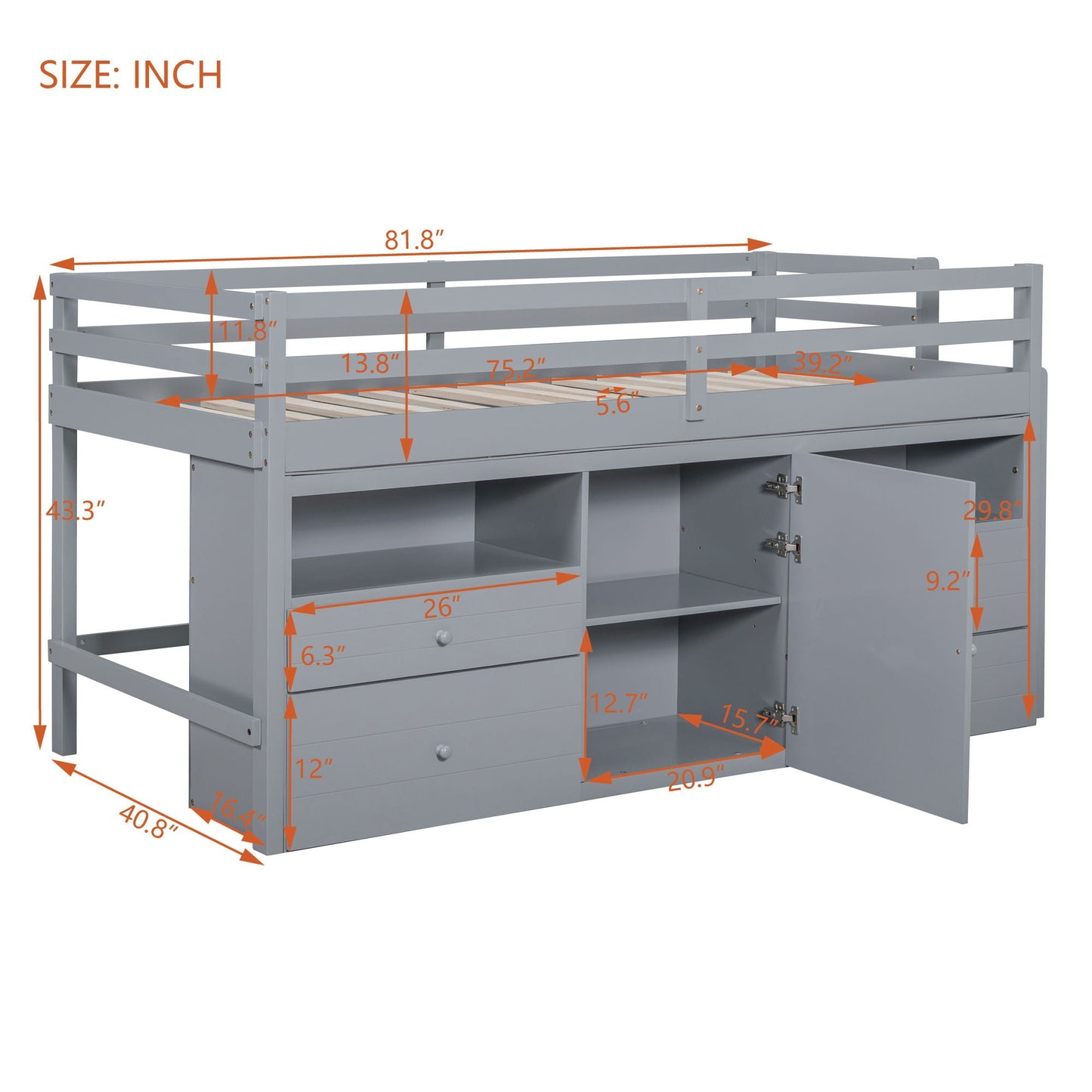 Loft Bed With 4 Drawers, Underneath Cabinet And Shelves