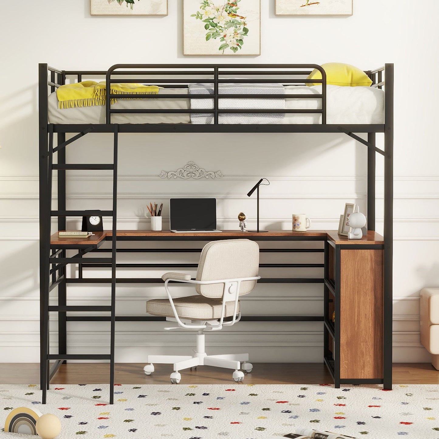 Loft Bed & 3 Layers Of Shelves And L-Shaped Desk
