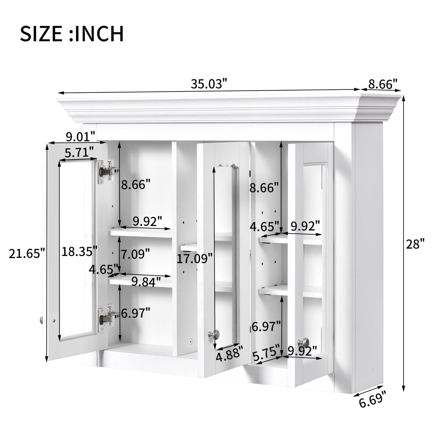 Bathroom Medicine Cabinet With Mirror, 5 Adjustable Closed Shelves, Wall-Mounted - White