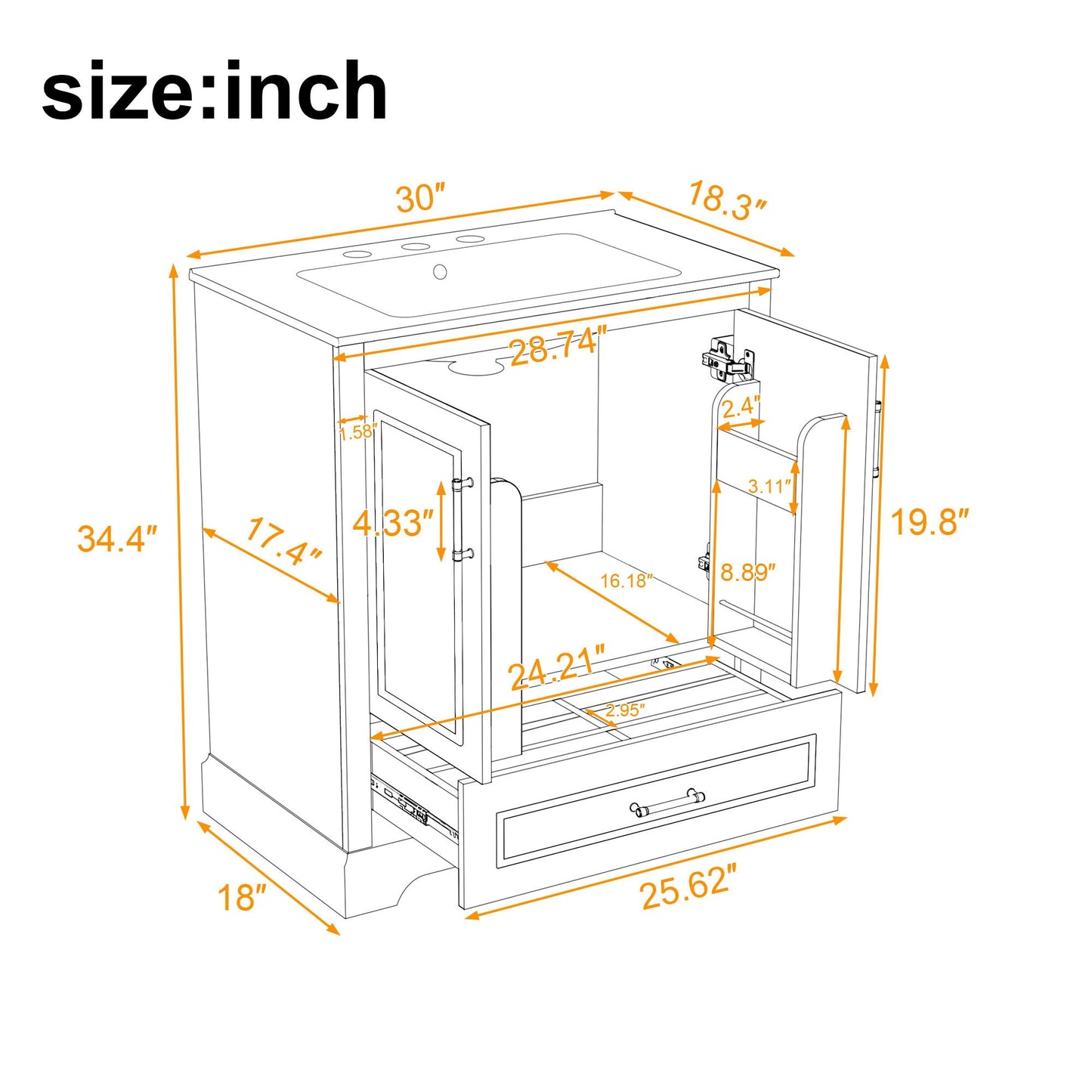 Bathroom Vanity With Sink, 1 Divided Drawer And 2 Soft Close Doors With Double Shelf