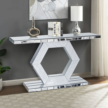Sparkling Crystal Hexagon Mirror Entryway Premium Modern Foyer Console Table With Diamond Glass Effects, Dual Tier Luxury Sofa Table - Silver