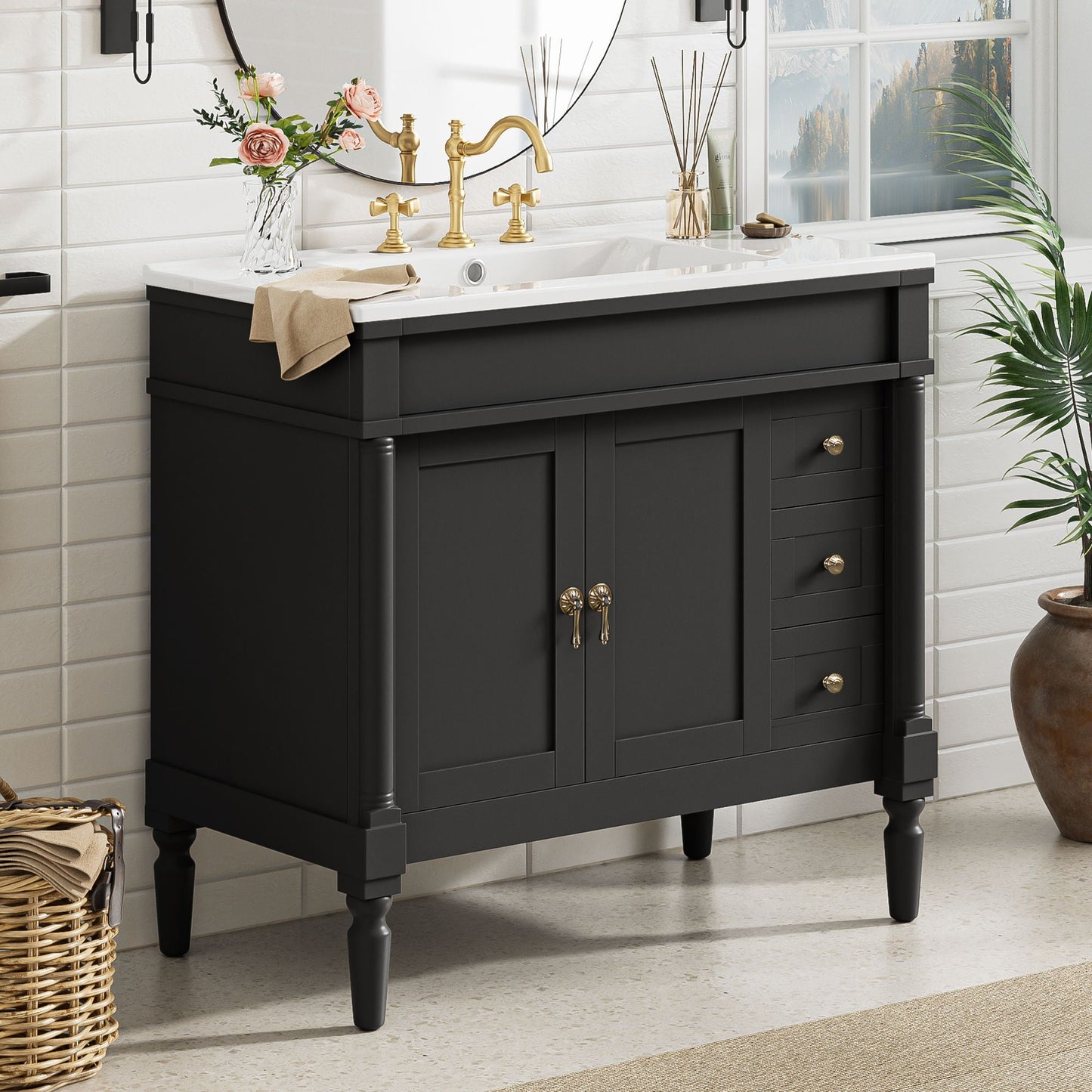 Bathroom Vanity With Ceramic Sink, 2 Doors 3 Drawers, Soft Close Design