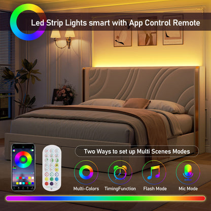 Modern Upholstered LED Bed Frame With Storage Drawers, Wingback Headboard, RGB Light