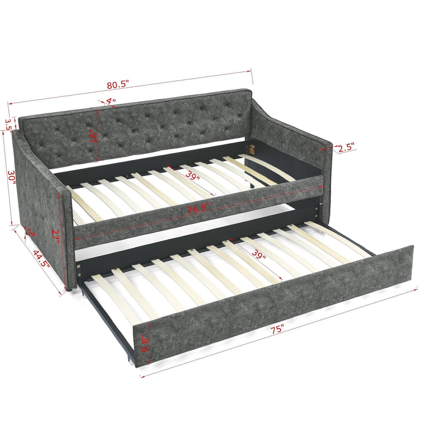 Twin Upholstered Daybed With Trundle, Waved Arms - Gray