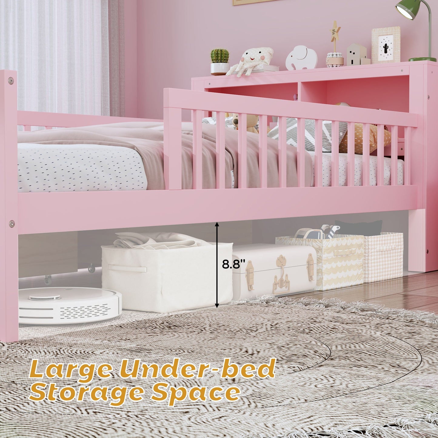 Bed With Headboard Storage Rack, 2 Under Bed Drawers, 3 Side Guardrails For Safety