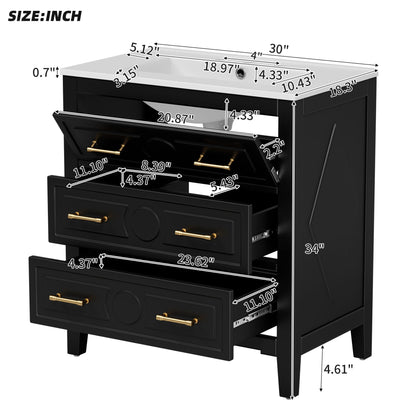 Retro Bathroom Vanity With Sink Combo, Free Standing Single Set With 3 Drawers