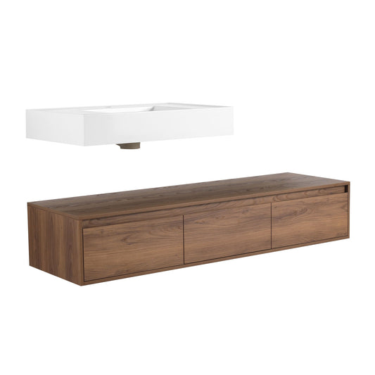 Modern Wall Mounted Bathroom Vanity With Resin Sink And Side Cabinet - Brown Ebony