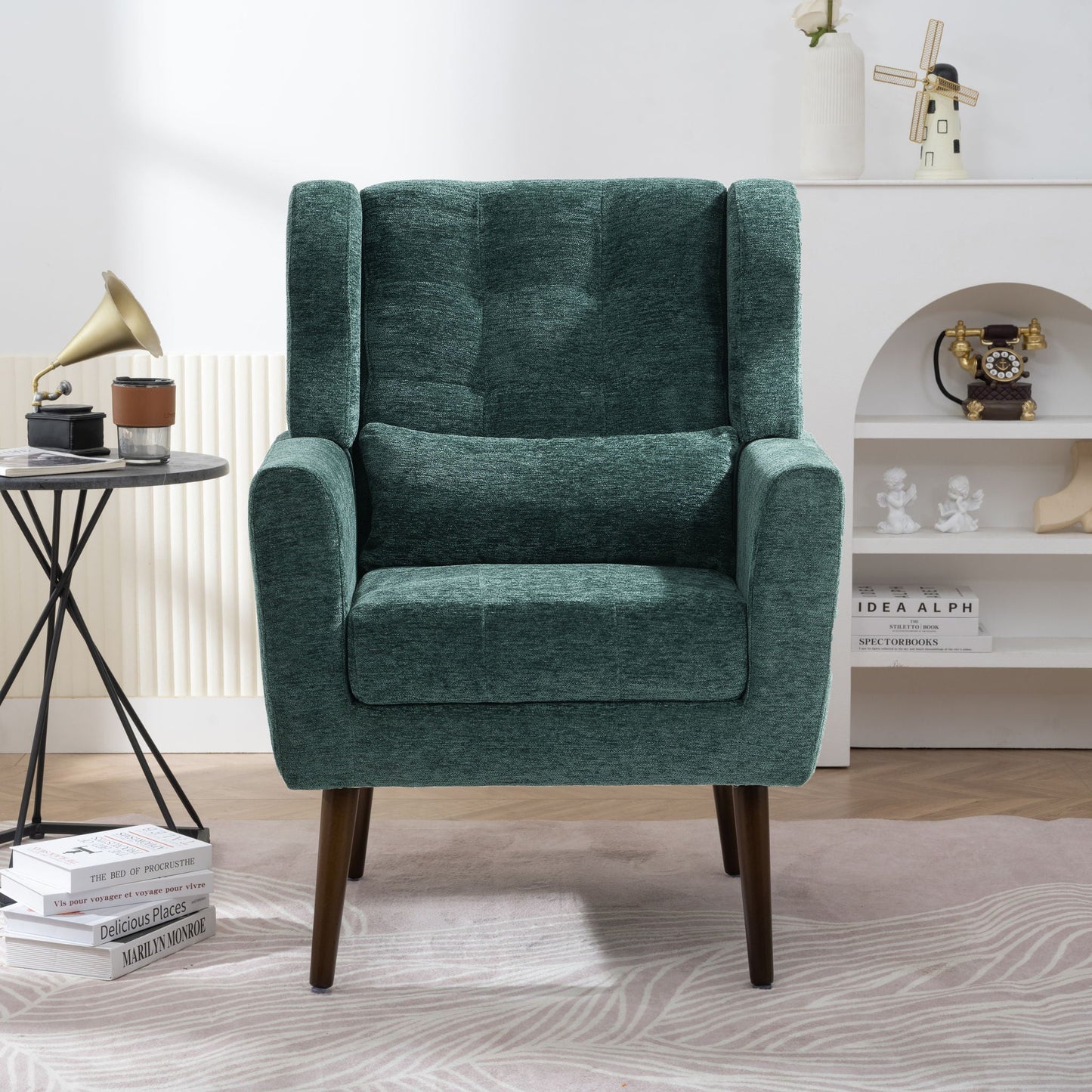 Modern Accent Chair, Arm Chairs For Living Room, Upholstered Mordern Armchair, Comfy Soft Padded Lounge Chair In Small Space, Bedroom, With Pillow, Solid Wood Leg