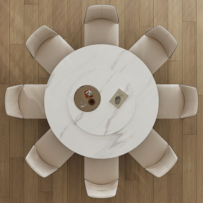 Modern Sintered Stone Dining Table With Round Turntable And Metal Pedestal - White