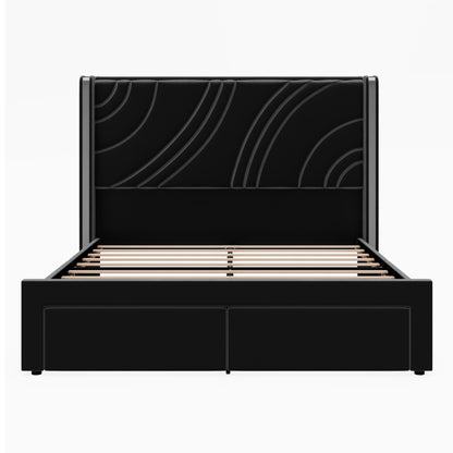 Modern Upholstered LED Bed Frame With Storage Drawers, Wingback Headboard, RGB Light