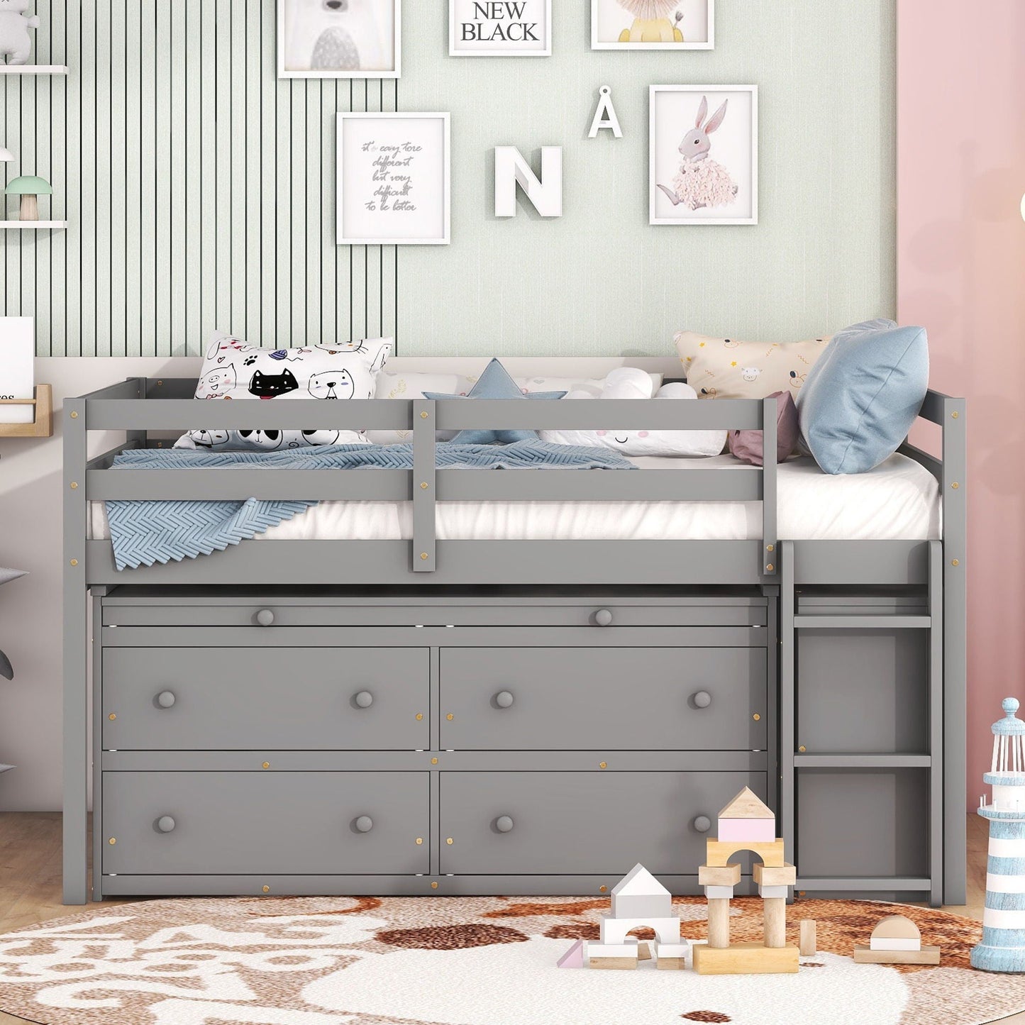 Loft Bed With Retractable Writing Desk And 4 Drawers, With Lateral Portable Desk And Shelves