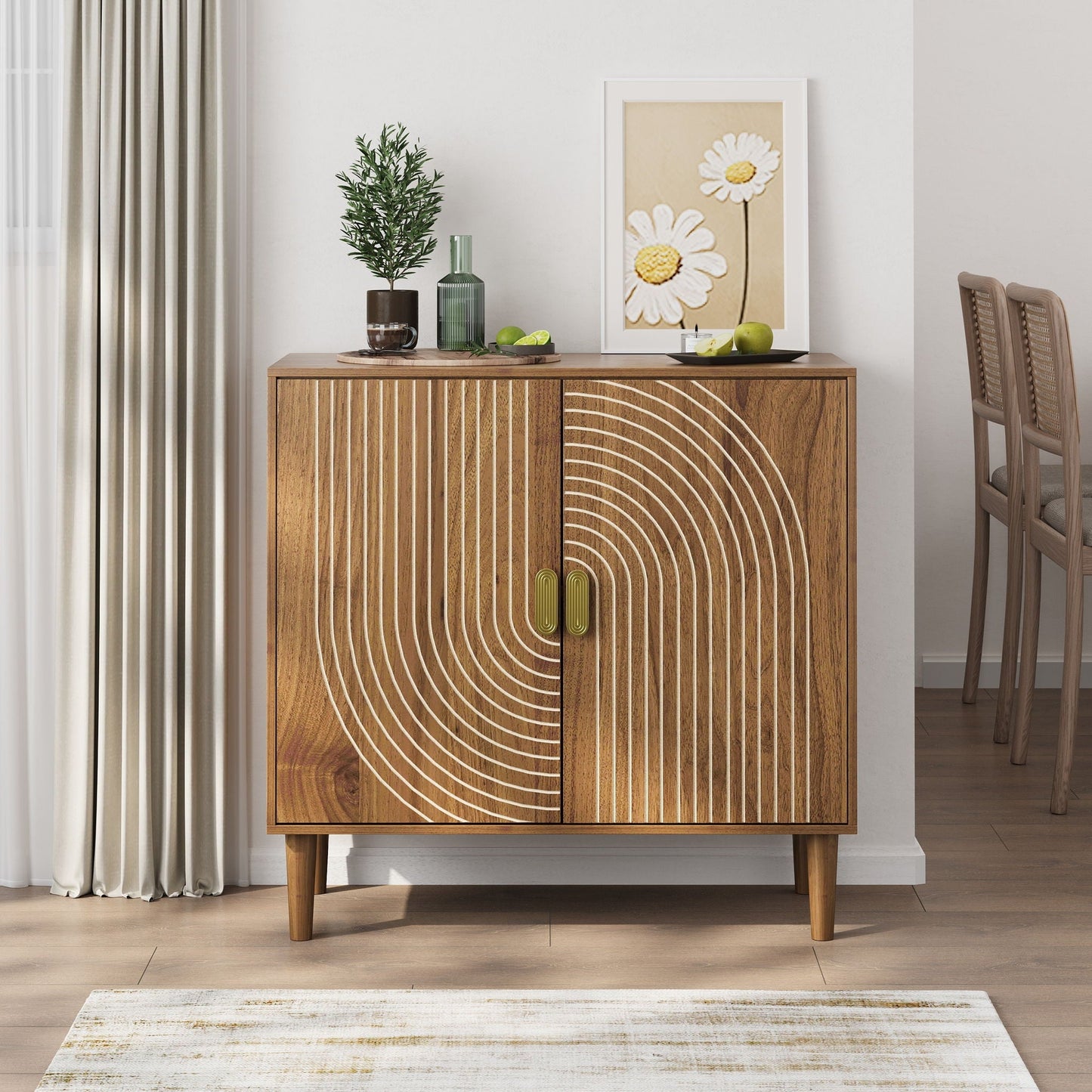 Buffet Cabinet With Line Groove Design, Sideboard Buffet Cabinet With Storage, Multifunctional Accent Cabinet For Living Room, Entryway, Hallway, Office, Kitchen - Brown