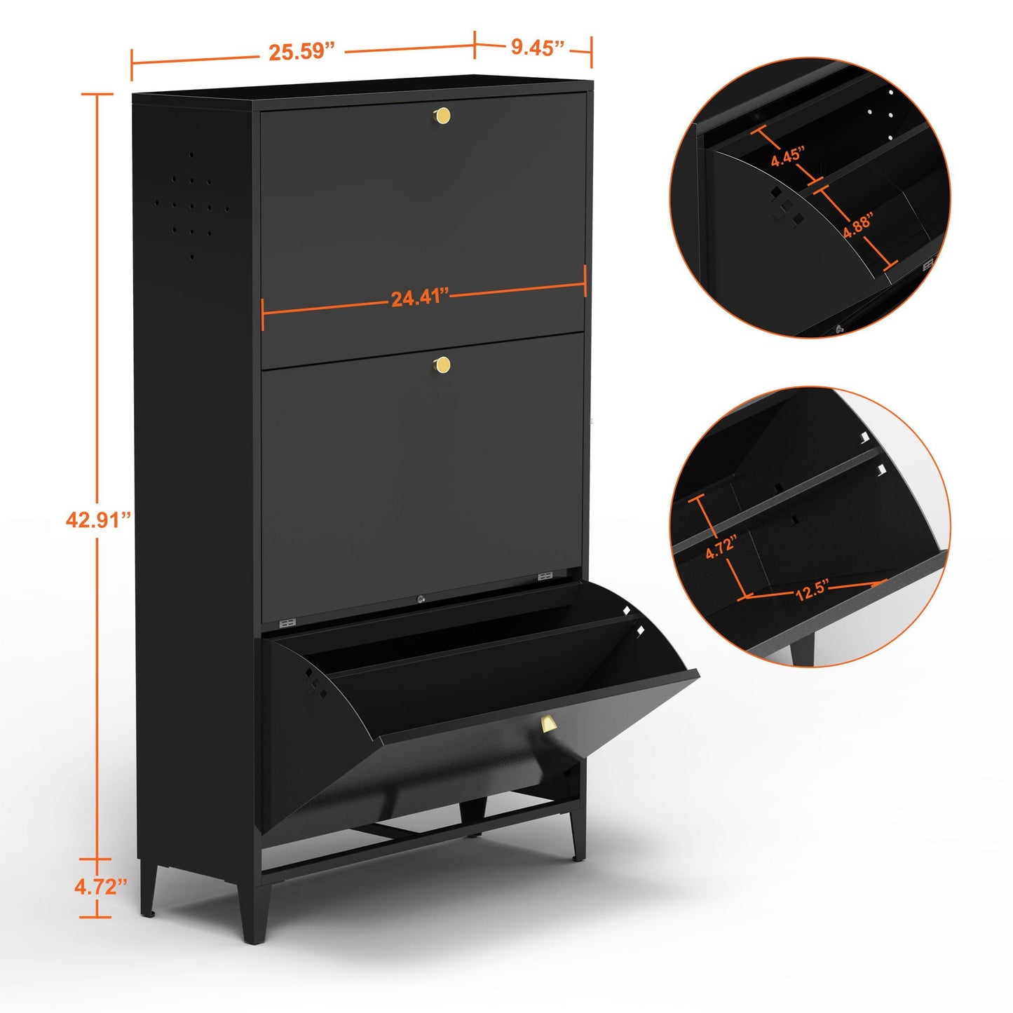 3 Drawer All Steel Shoe Cabinet, Freestanding Storage Organizer With Flip Door