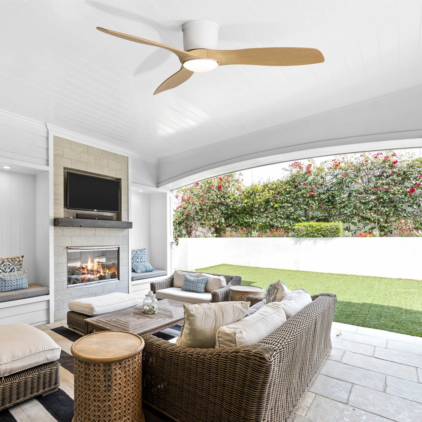 Flush Mount Ceiling Fan With Dimmable LED Light, 3 Blades, Reversible DC Motor Blades For Living Room