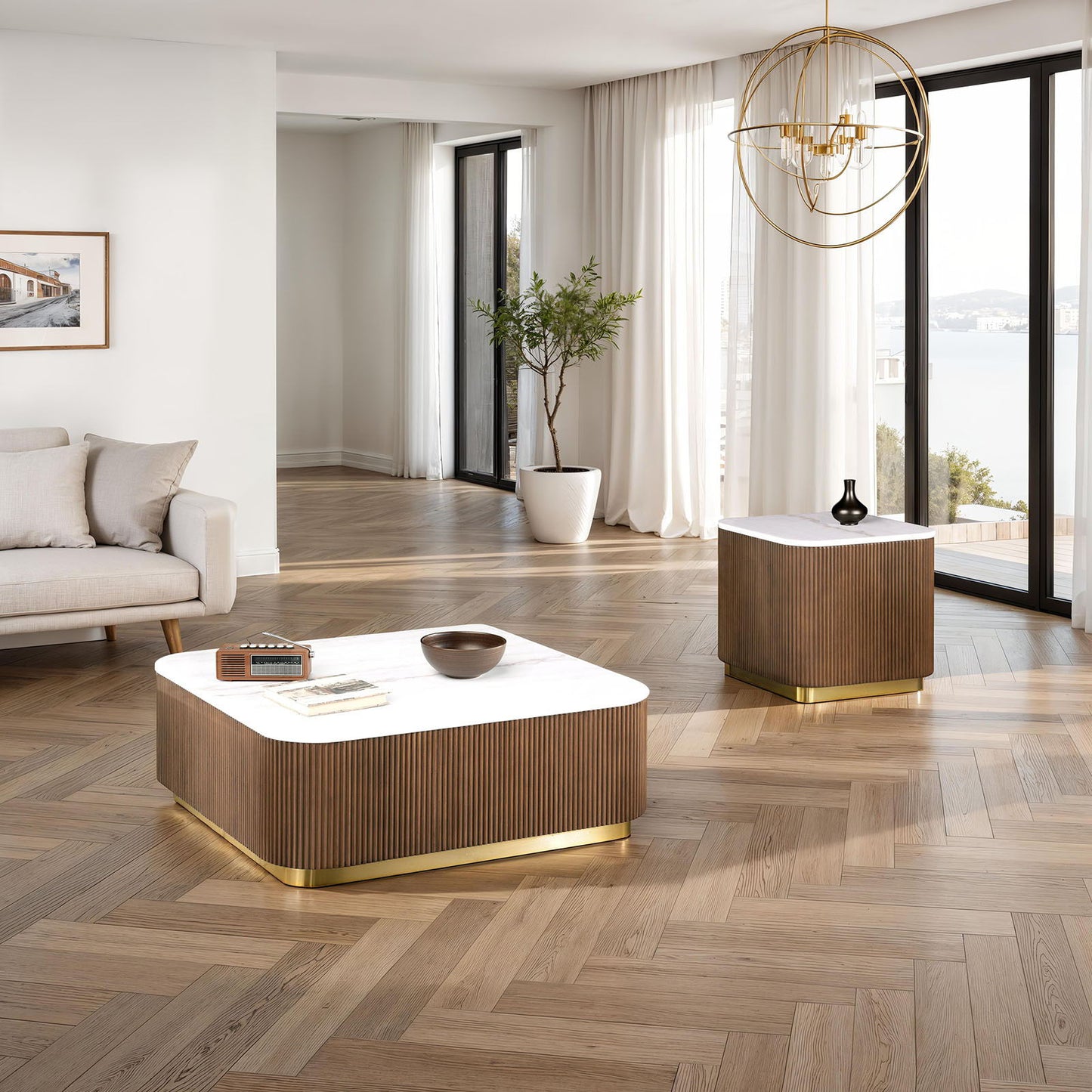 3 Piece Table Set, Square Cocktail Table & 2 Square End Tables - Brown / Gold / White
