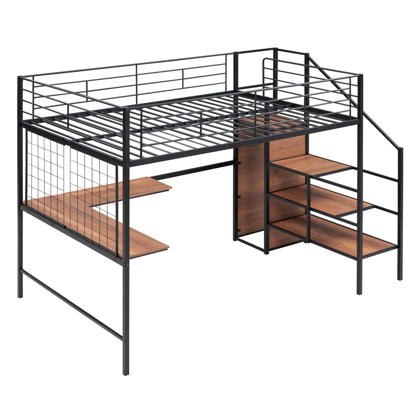 Loft Bed With Desk And Grid, Stylish Frame With Lateral Storage Ladder And Wardrobe