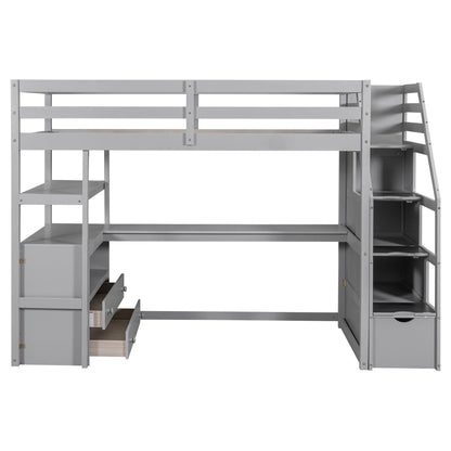 Loft Bed With Desk, Shelves, 2 Drawers, Storage Staircase