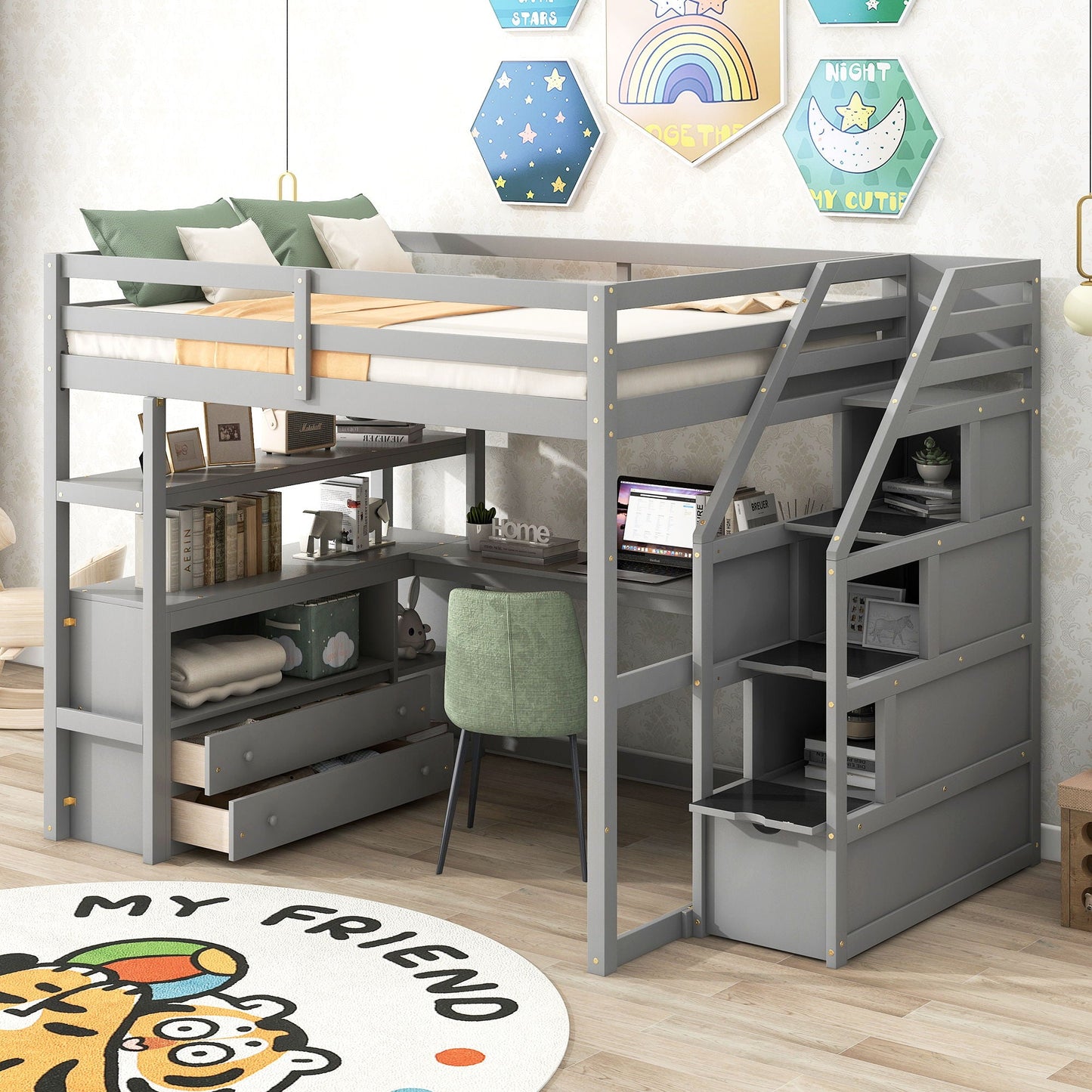 Loft Bed With Desk, Shelves, 2 Drawers, Storage Staircase