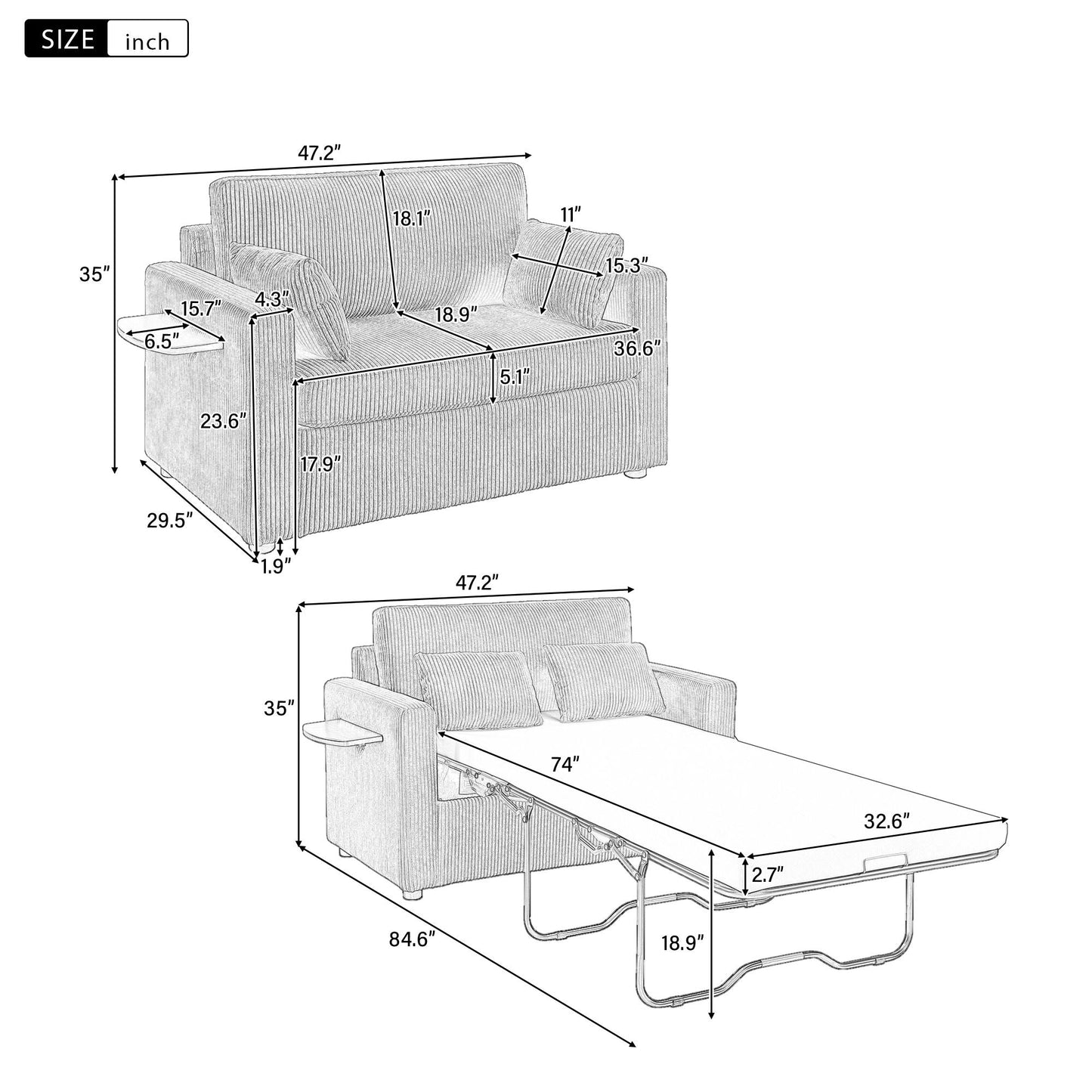 Sleeper Sofa With Foldable Mattress, USB Ports, Side Table & Storage Pocket