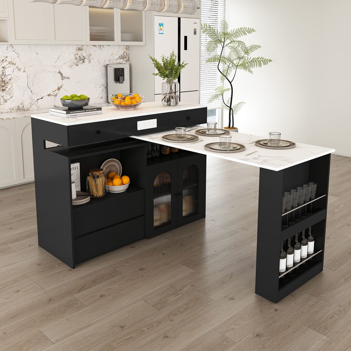 Retro Kitchen Island Set With Chairs, Extendable & Rotating Table, 4 Drawers & Door Cabinets