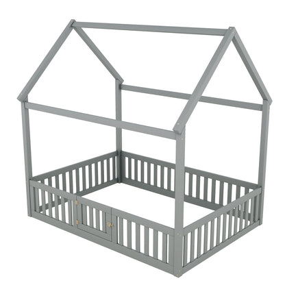 Wood House Bed With Fence And Door