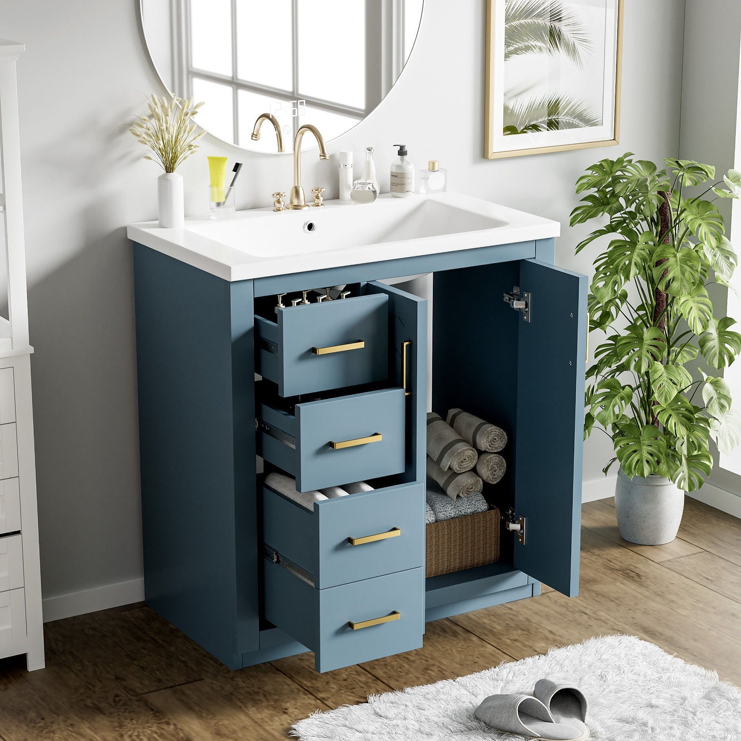 Ceramic Sink Combo, Freestanding Vanity Set With 3 Drawers & Soft Closing Doors