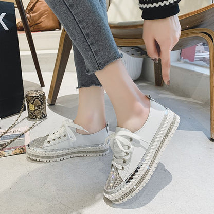 Womens Leopard Sneakers Women Canvas Shoes Leisure Lace-Up Sneakers Rhinestone Shiny Flat Charming Shoes Platform Leisure Low Sneakers