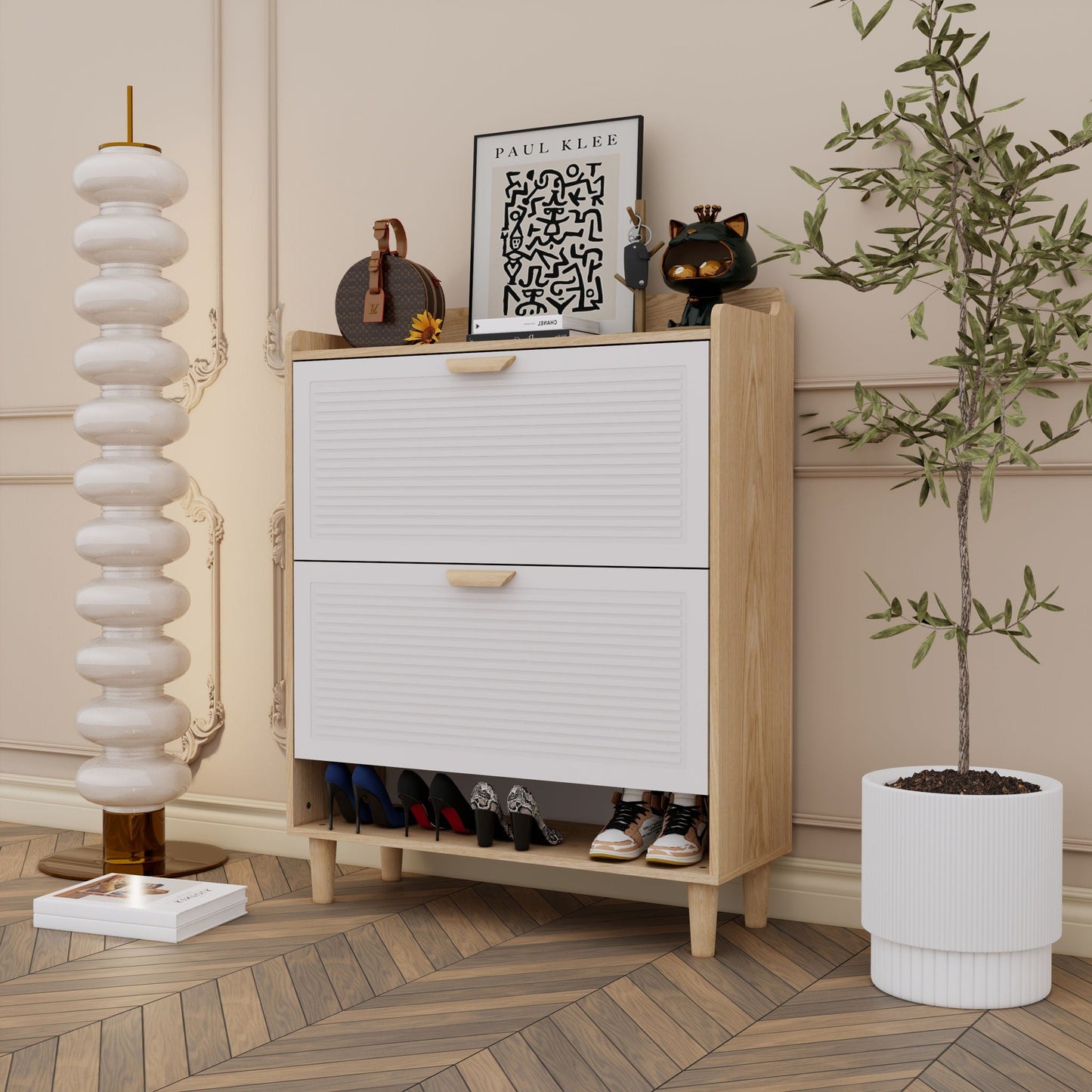 Shoe Storage Cabinet With 2 Flip Drawers, Compact Entryway Organizer - Natural / White