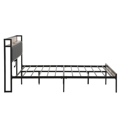 Modern Bed Frame With LED Lights, Upholstered Headboard, USB Charging