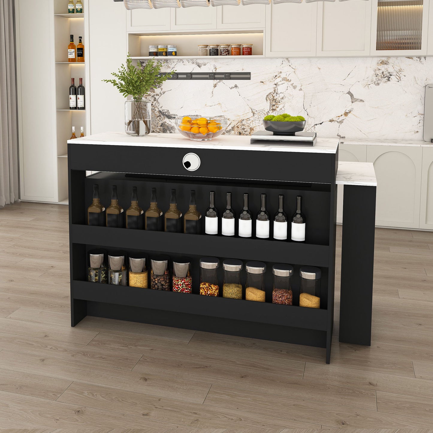 Kitchen Island With Extendable Rotating Table, 4 Drawers & Glass Door Cabinets, Built In Socket - Black