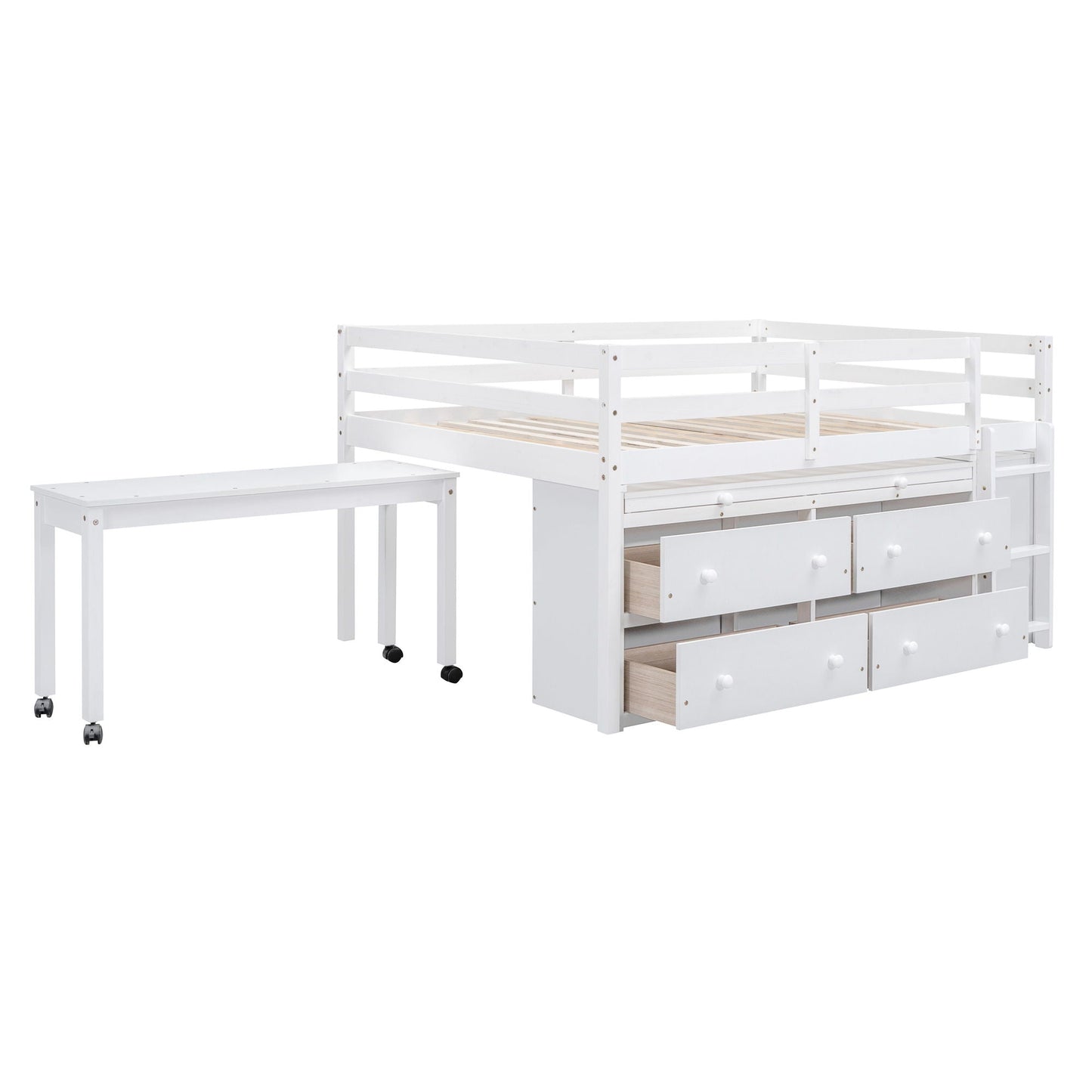 Loft Bed With Retractable Writing Desk And 4 Drawers, With Lateral Portable Desk And Shelves