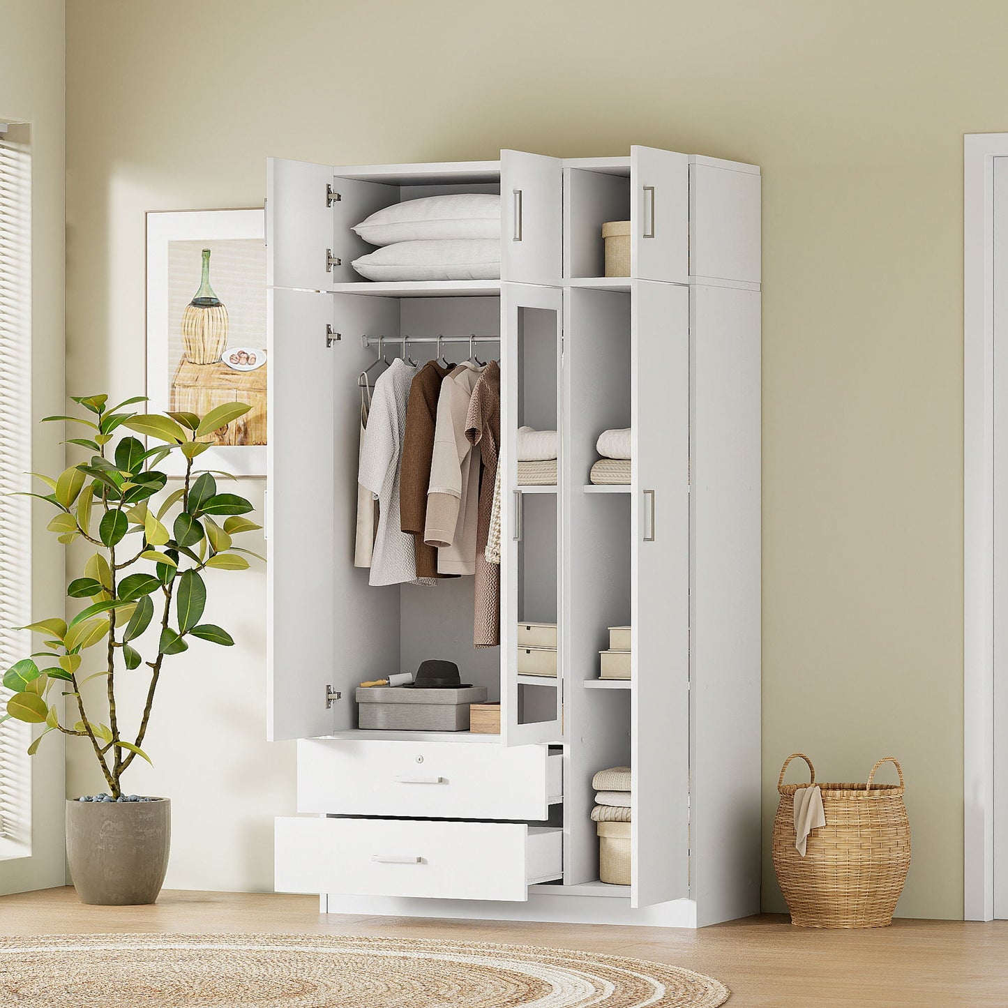 Modern 3 Door Mirror Wardrobe With 2 Drawers And Top Cabinet