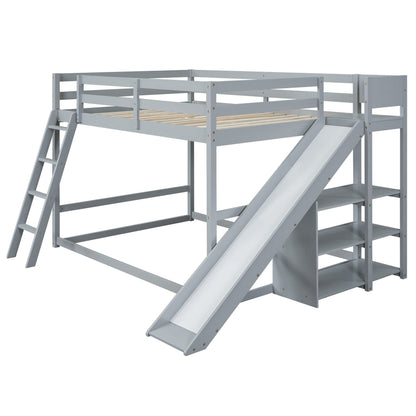 Bunk Bed With Ladder, Slide, And Shelves Pine Wood