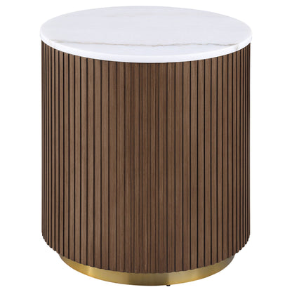 Jason 2-piece Round White Marble Coffee Table Set Honey Brown