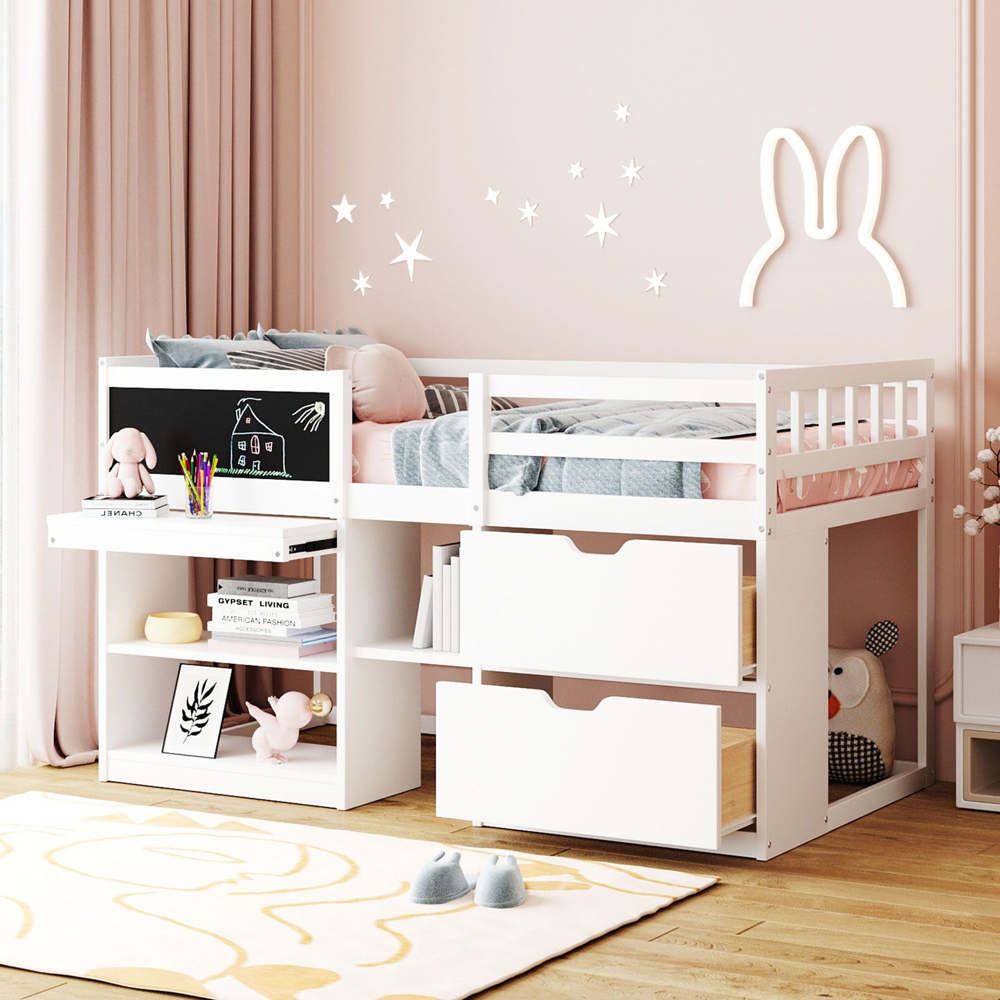 Low Loft Bed With Rolling Desk, Shelf And Drawers