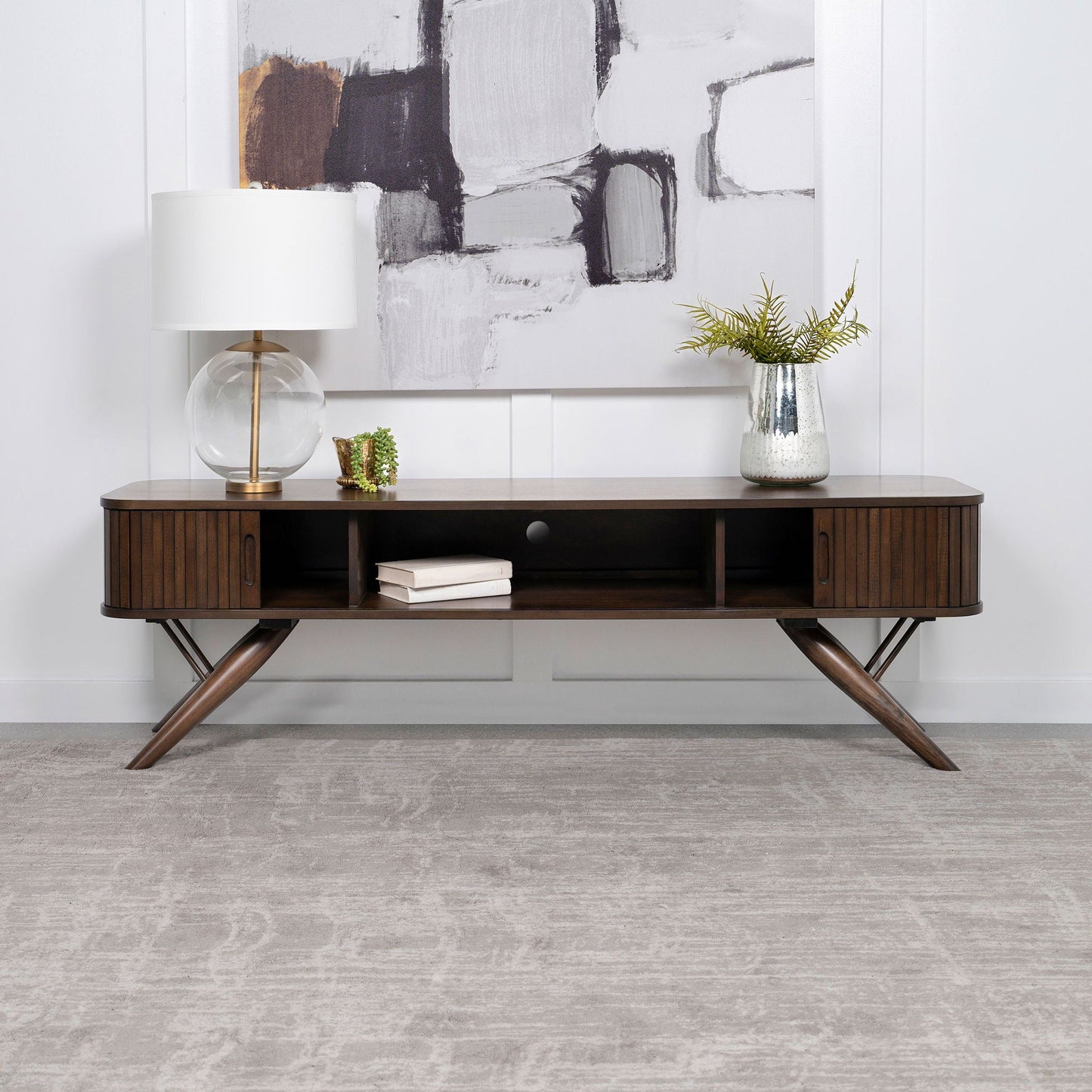Valna Wood 71-inch TV Stand with Sliding Doors Walnut