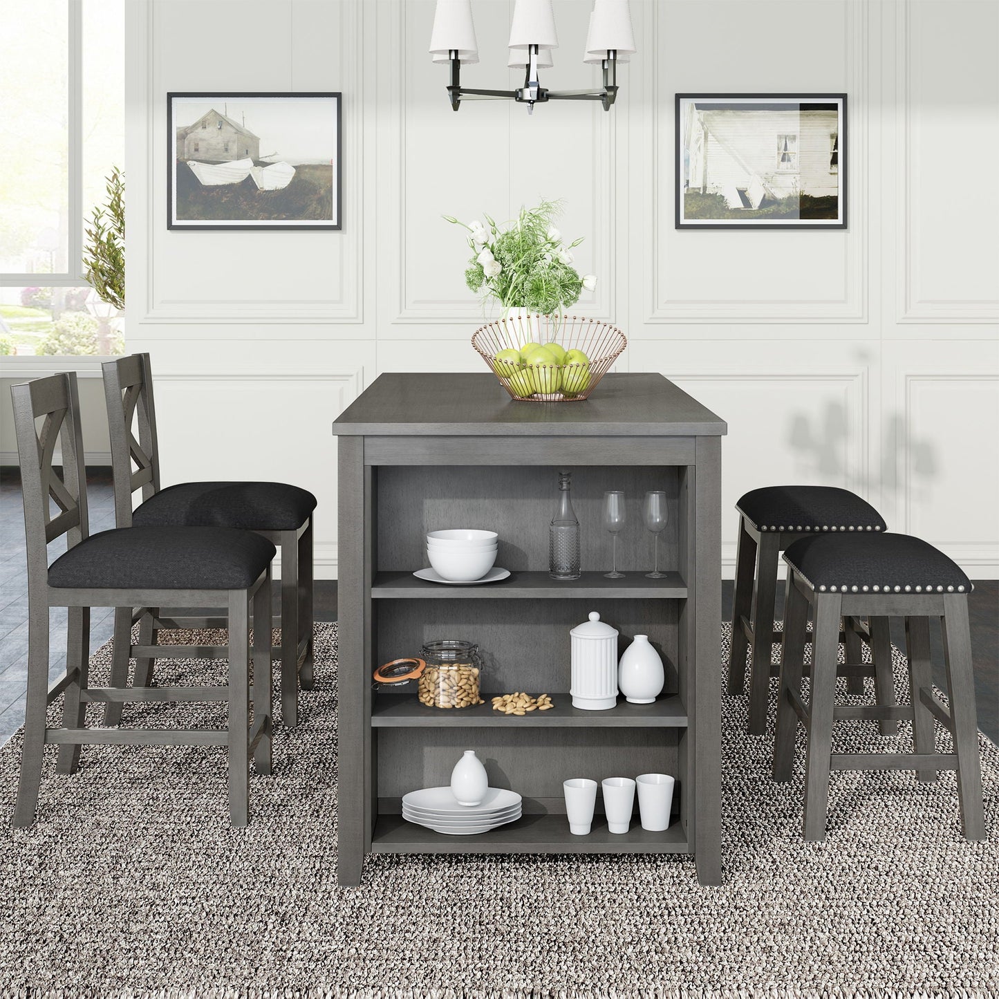 5 Pieces Counter Height Rustic Farmhouse Dining Room Wooden Bar Table Set With 2 Stools And 2 Chairs
