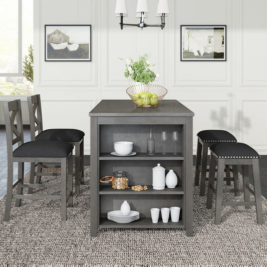 5 Pieces Counter Height Rustic Farmhouse Dining Room Wooden Bar Table Set With 2 Stools And 2 Chairs