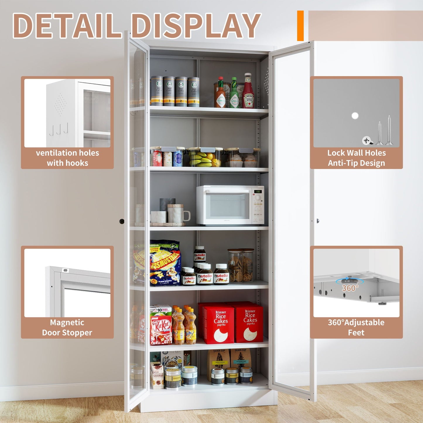 Industrial Metal Kitchen Pantry Cabinet With Adjustable Shelves - White