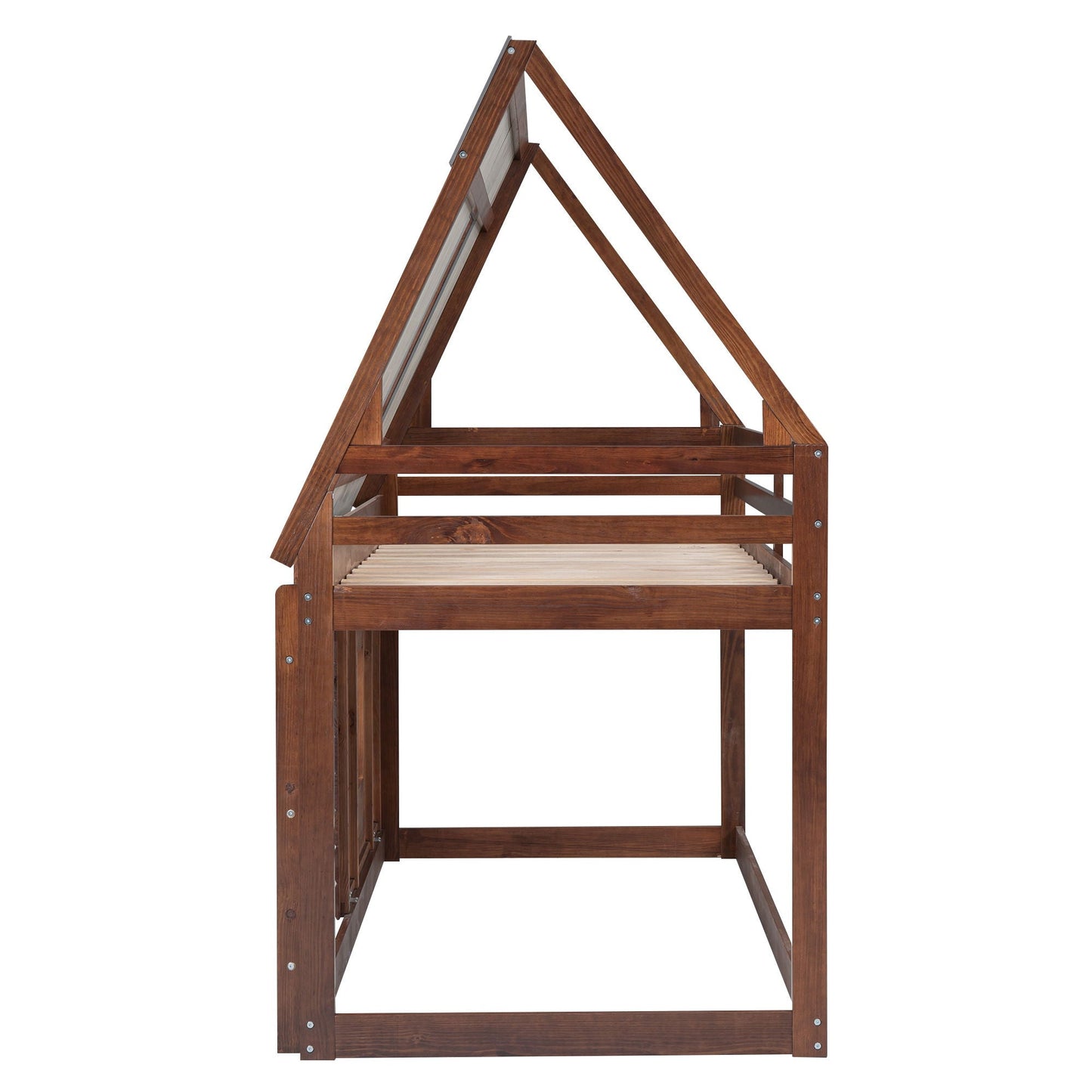 Wood Twin Size House Bunk Bed With Roof, Ladder And 2 Windows - Oak & Smoky Gray