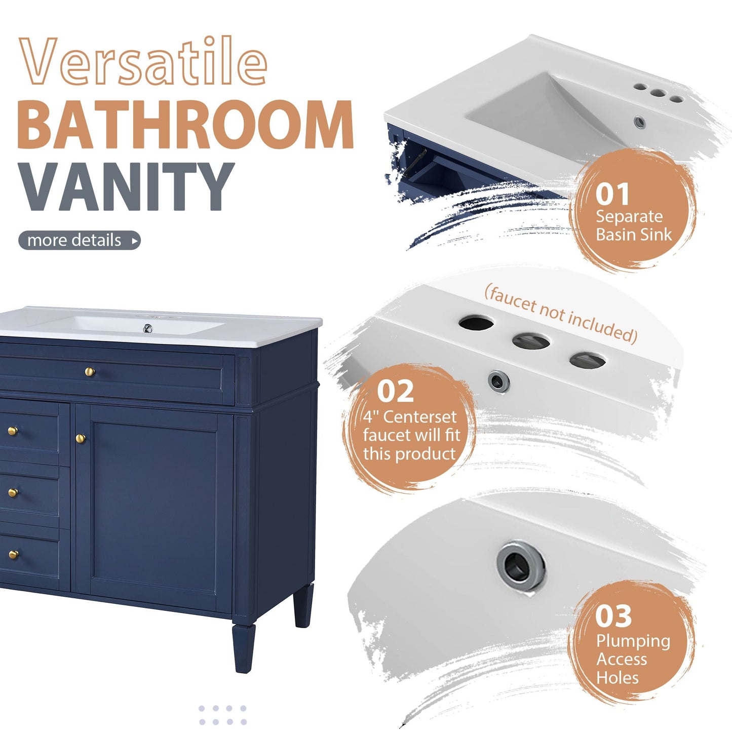 Bathroom Vanity With Mirror Cabinet, Single Sink With 2 Soft Closing Doors And 4 Drawers
