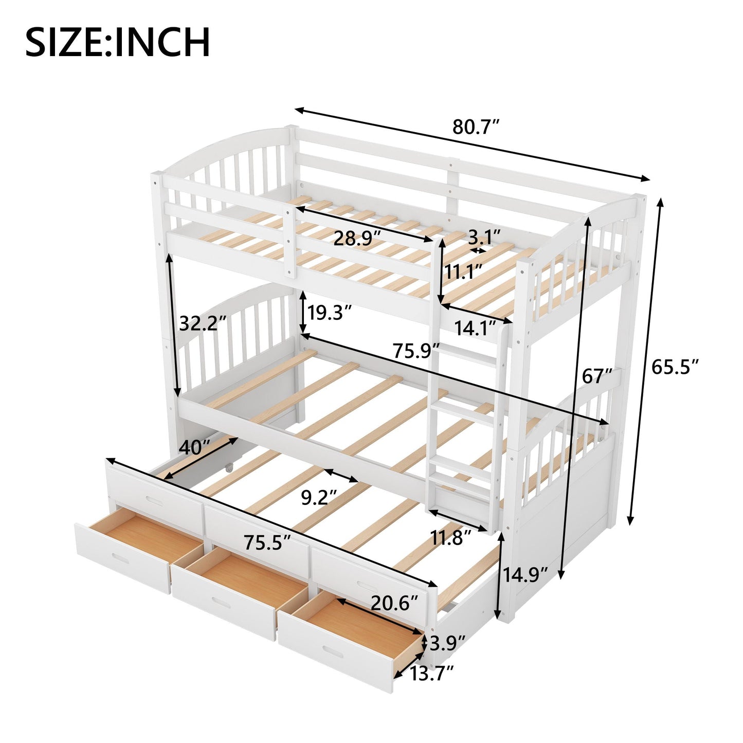 Bunk Bed With Trundle And Drawers, Arched Headboard And Footboard